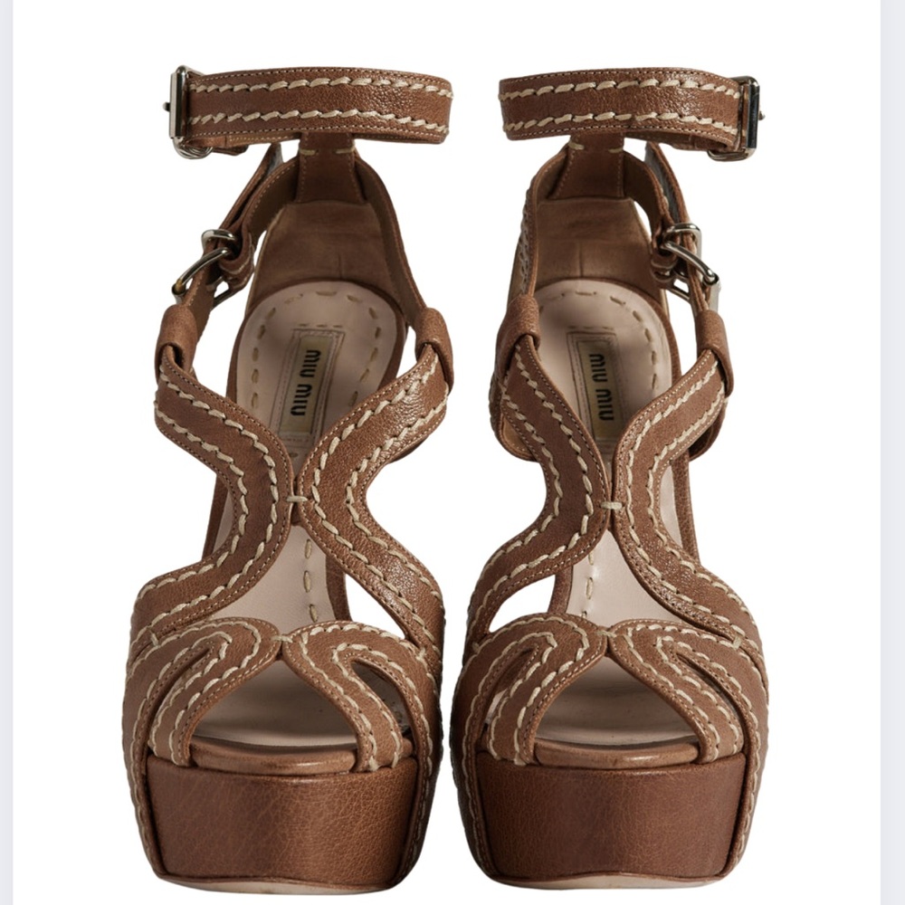 Miu Miu Tan Leather Heeled Sandals